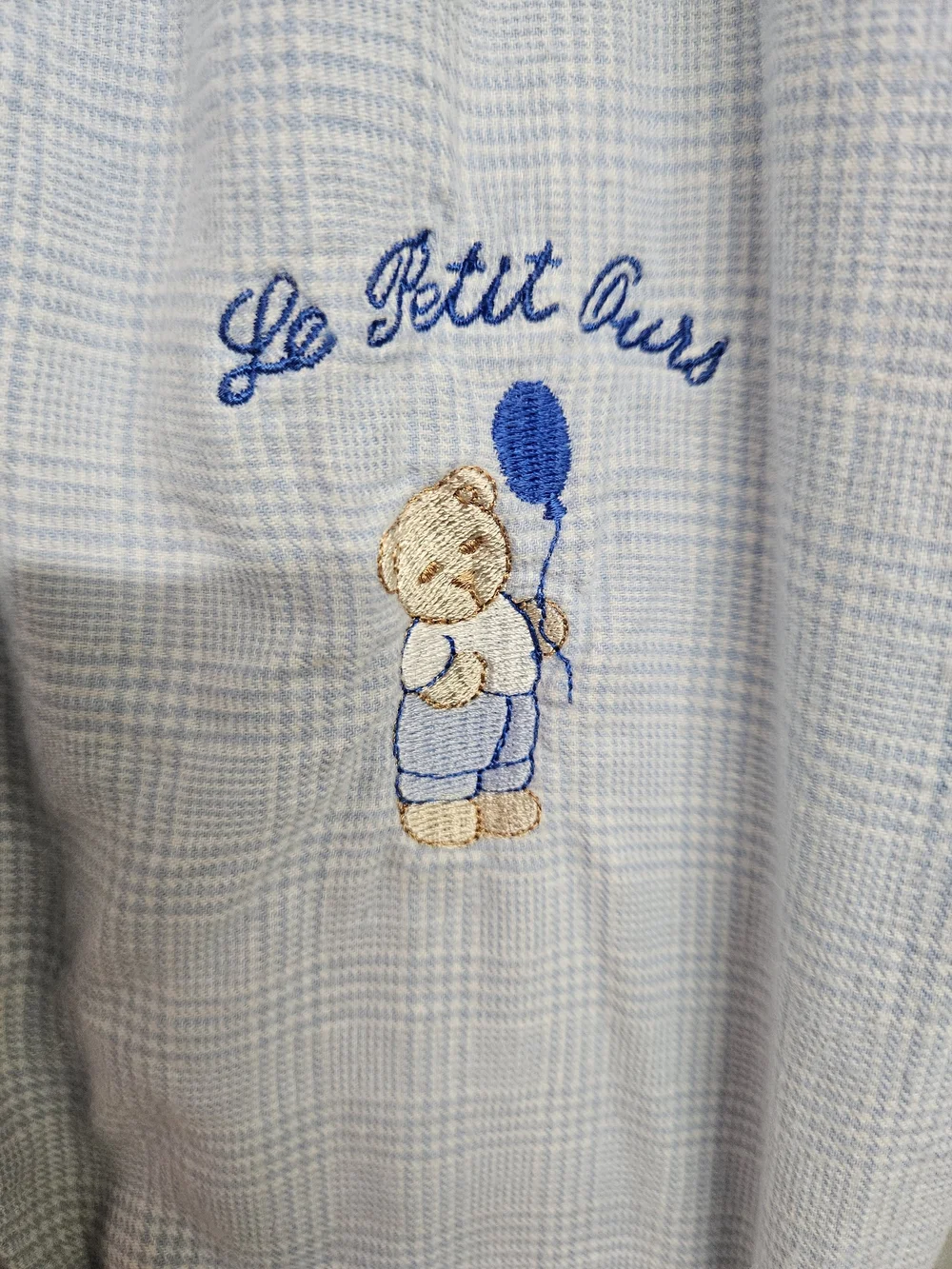 Vintage 6 Month Long Sleeve Blue Plaid Romper Embroidered Bear